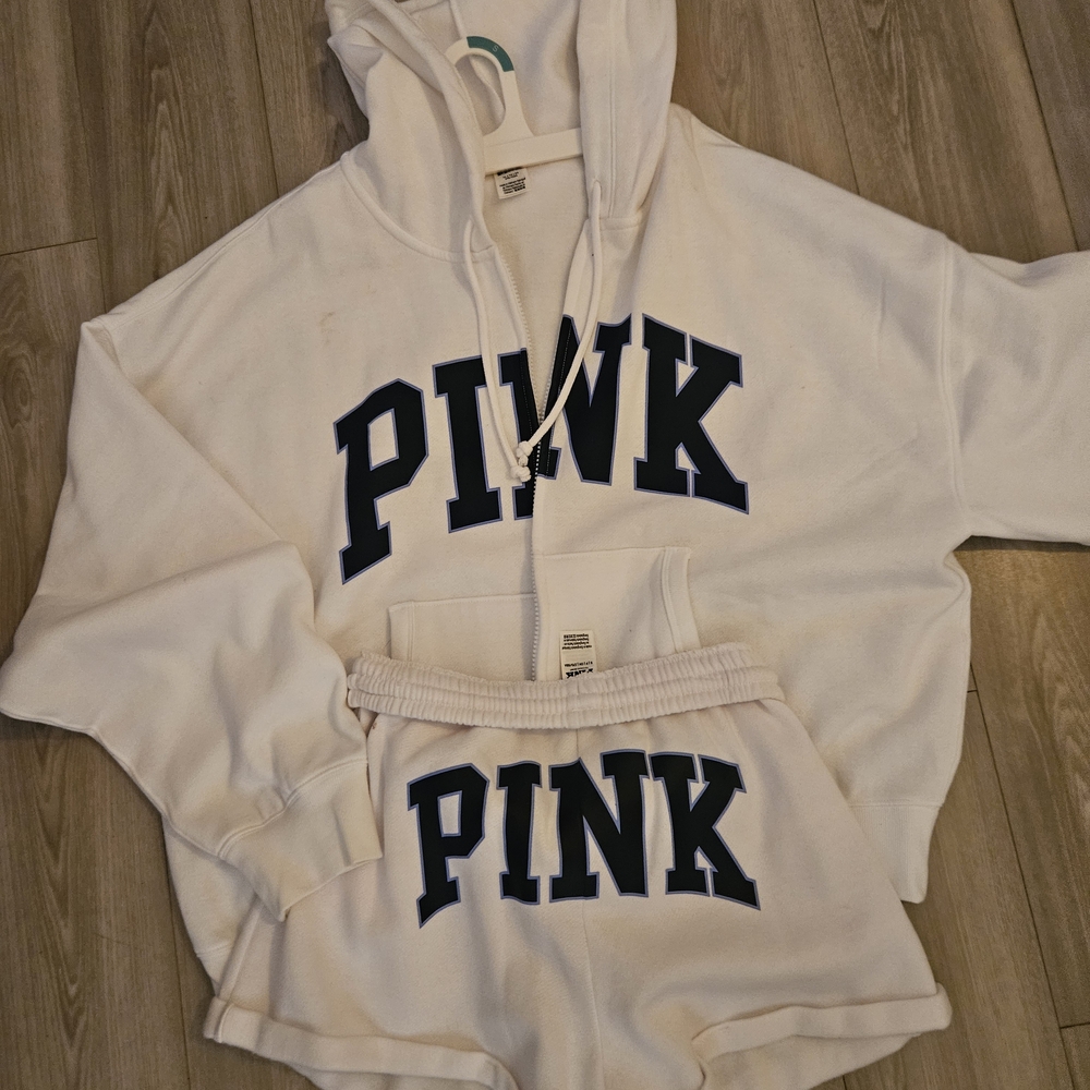 White Hoodie and Shorts Set with PINK Logo